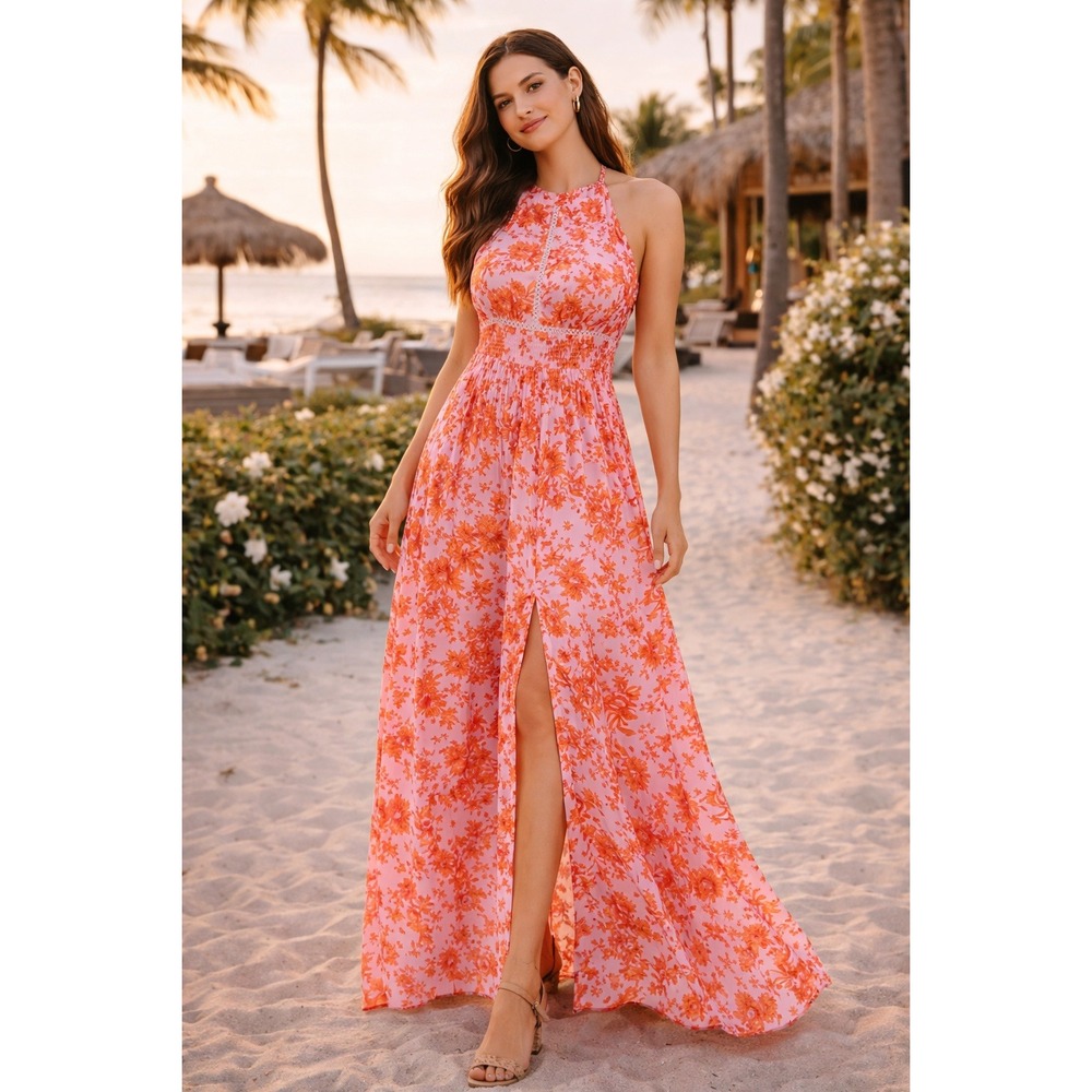 NWT Abel The Label ATL Rumi Candy Florals Maxi Dress Halter Pink Orange XS